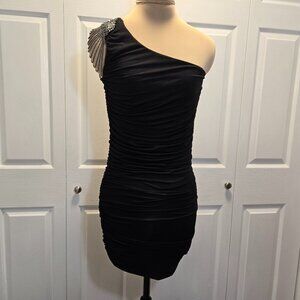 Black One-Shoulder Mini Dress with Beaded Shoulder Size Small Treasure Rock